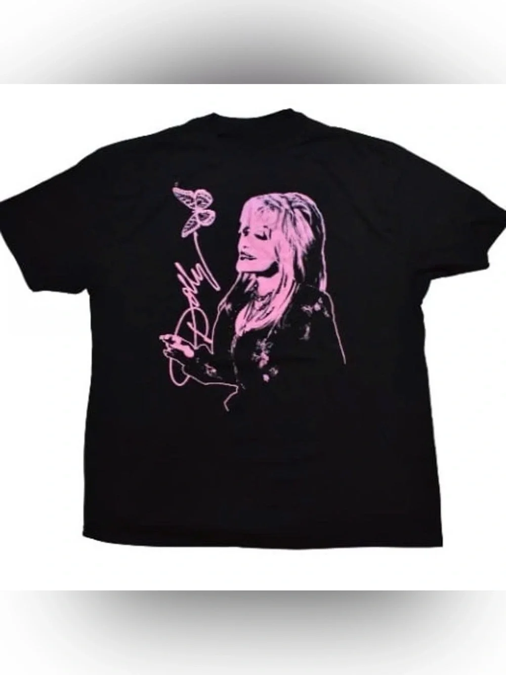 Vintage Black Short Sleeve Tee with Dolly Parton Pink Portrait Print
